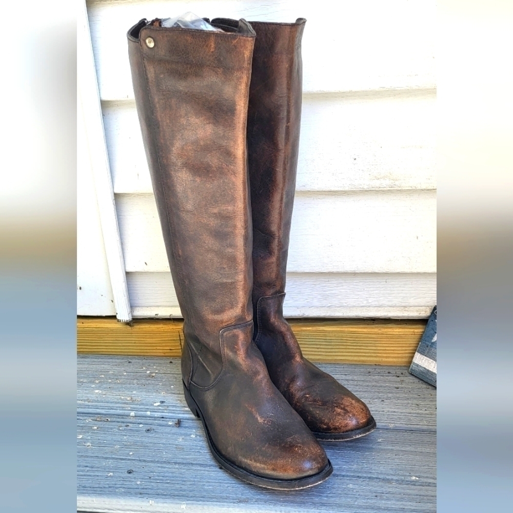 Frye Knee High Leather Back Zip Distressed Riding Boot